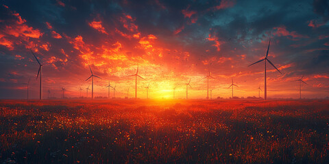 Poster - Wind turbines stand tall against a fiery sunset, casting long shadows across a field of wildflowers.