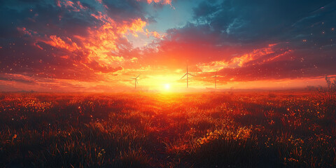 Sticker - A fiery sunset paints the sky above a field of wildflowers, with wind turbines silhouetted against the horizon.