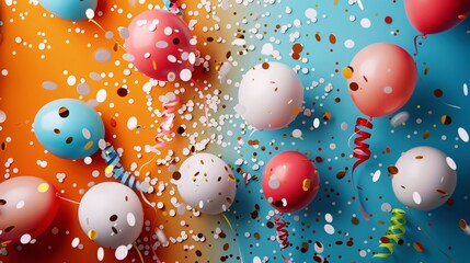 07240954 57. Festive decorations with a mix of charming confetti symbols and bright graphic elements, including balloons, ribbons, and stars, creating a joyful celebration scene