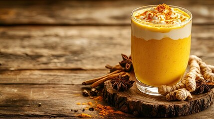 A traditional glass of turmeric lassi with creamy layers, set on a wooden background, surrounded by fresh spices and turmeric roots, with ample copy space for text