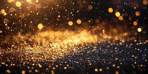 A glittering background of golden bokeh lights on a dark surface.