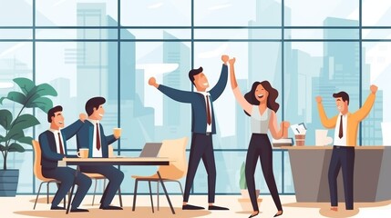 Happy colleagues high five to celebrate success at the office