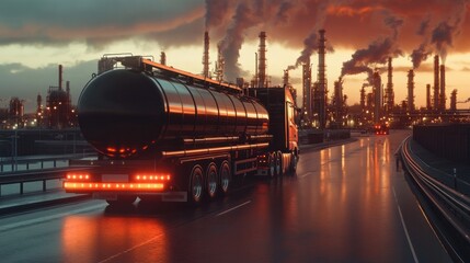 Tanker truck transporting oil, driving through industrial zones