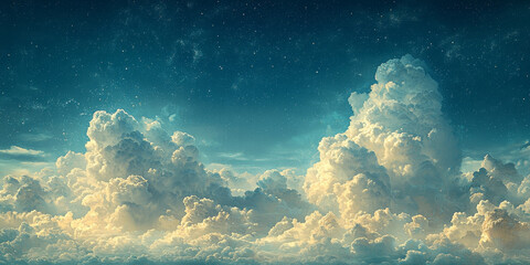 a stunning view of fluffy white clouds against a deep blue sky, sprinkled with twinkling stars.