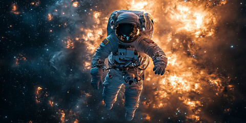 Wall Mural - An astronaut floats in the vast expanse of space, surrounded by swirling nebulae and distant stars.