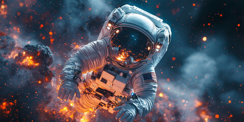 Wall Mural - An astronaut floats through space, surrounded by fire and debris.