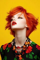 Wall Mural - A striking portrait of a model with vibrant red hair, adorned with a floral necklace, set against a bright yellow background.