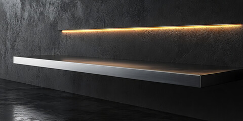 Wall Mural - Sleek metal shelf with warm lighting against a dark, textured wall.