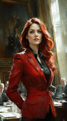 Wall Mural - A woman in a red jacket stands in front of a painting. She is wearing a black shirt and black pants