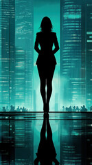 Poster - A woman stands in front of a city skyline. The woman is wearing a suit and is standing on a wet surface