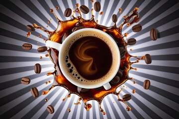 Wall Mural - Frosted Almond Coffee Splash with Shimmering Bubbles and Coffee Beans on Vibrant Background