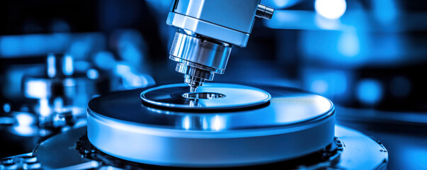 Poster - A microscope is focused on a small object. The object is on a blue disk