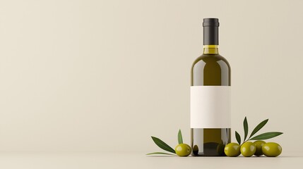 Olive Oil Elegance: A pristine bottle, adorned with a blank label, stands tall amidst fresh olives and leaves, promising the rich flavor of the Mediterranean. 