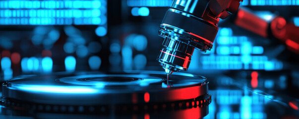 Poster - A close up of a microscope with a small object in the middle of the lens. The image has a futuristic and scientific feel to it