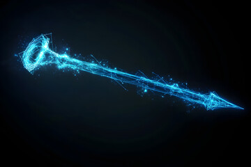 Futuristic blue neon wireframe magic wand with digital sparks isolated on black background.