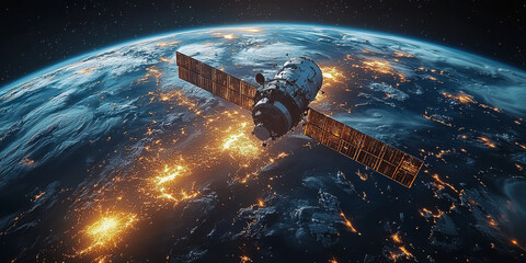 Wall Mural - A satellite orbits Earth, its solar panels catching the sunlight as it passes over a sprawling city at night.