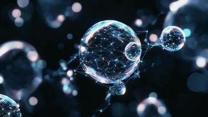close-up of a molecular structure with connecting lines, illuminated on a dark background, represent