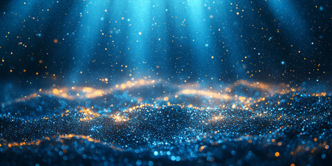 A blue and gold glitter background with a soft, ethereal glow.