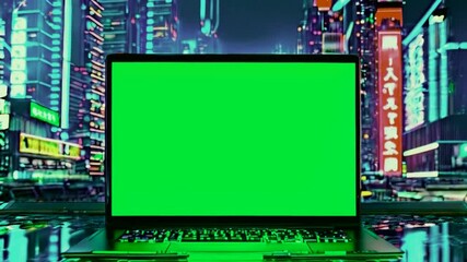 Laptop opening monitor with blank green screen to replace your photo, text or banner for advertising on Hi-Tech city background.