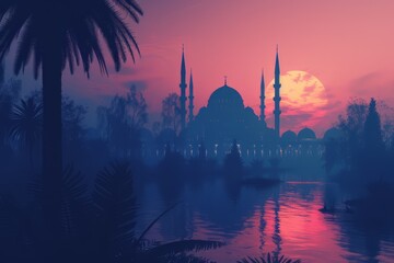 Holy night islamic night and silhouette mosque with moon