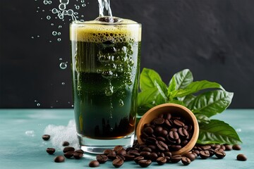 Wall Mural - Herbal Green Coffee Drink with Floating Coffee Beans and Refreshing Bubbles