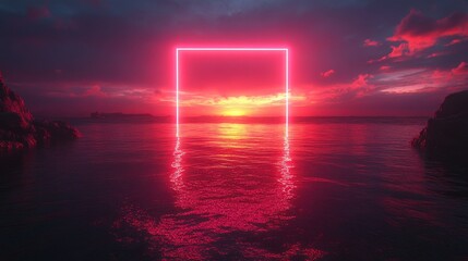 Wall Mural - 3D render of an abstract geometric background with a glowing pink neon square frame and water reflection for a minimal futuristic product showcase.