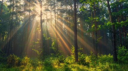 Spectacular morning sun light rays in the forest. Green forest during a beautiful summer warm day 