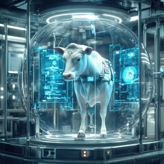 Wall Mural - White Cow in a Futuristic Glass Enclosure with Blue Interface