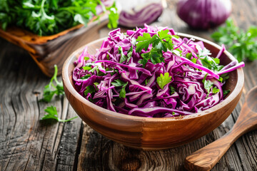  Vibrant shredded red cabbage salad with fresh parsley in wooden bowl on rustic table