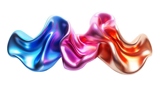 Bold holographic liquid blob shape isolated. Iridescent wavy melted substance on white and transparent background 