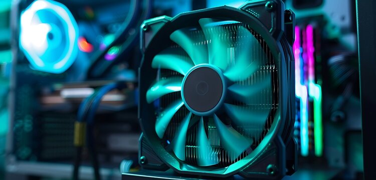 Close-up of RGB cooling fan with cyan lights, modern gaming setup