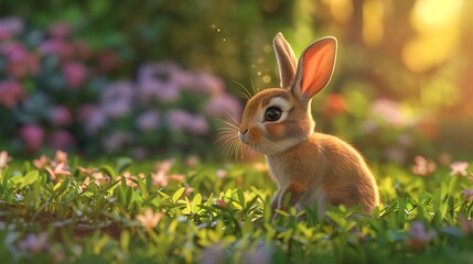 A soft furred bunny on the lawn at dusk