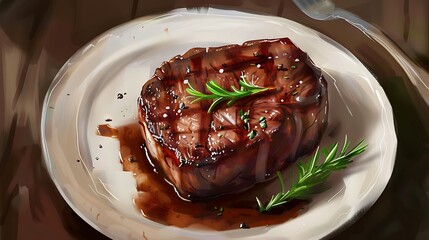 Wall Mural - A slightly enlarged, high-definition image of a perfectly grilled beef steak served on a plate with a side of colorful, roasted vegetables.