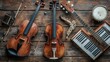 © chutikan - An array of different musical instruments, including a guitar, violin, and piano, displayed on a rustic wooden table, -