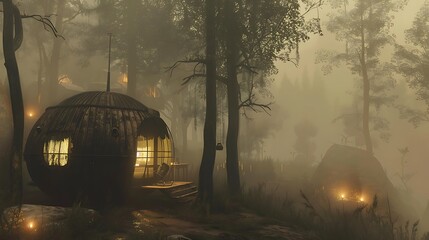 Wall Mural - A steampunk style cabin in a misty nature with lights inside