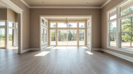 An empty new house ready for inspection, with clear views of open spaces, modern design elements, and natural light streaming through large windows