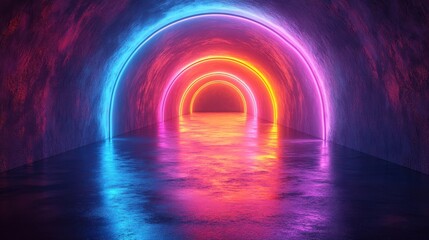 Canvas Print - 3D render of an abstract neon background with colorful rounded shapes and floor reflection in a dark room.