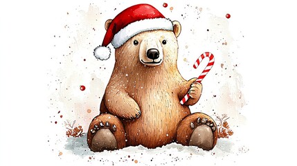 Wall Mural - Watercolor polar bear wearing a Santa hat, holding a candy cane, in a snowy setting, watercolor Christmas clipart, winter animal