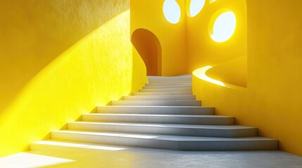 Leinwandbilder - 3D render of a sunny yellow background with shadows and bright sunlight, featuring a minimal scene with stairs and a rounded arch for product presentation.