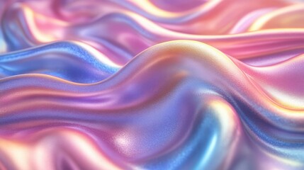 Canvas Print - 3D render of a wavy liquid background in ultraviolet holographic foil with a petrol surface. Features pink, blue, and yellow iridescent textures, macro ripples, and a trendy pastel rainbow design.