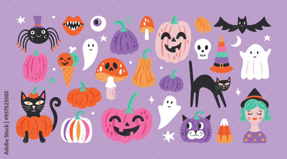 Halloween holiday cute graphic element set with pumpkin, jack o lantern ...
