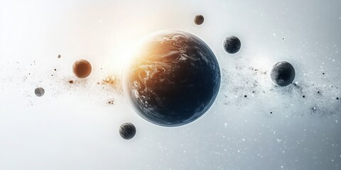 Wall Mural - A stunning view of the universe showcasing Earth surrounded by distant planets and a luminous star in the background.