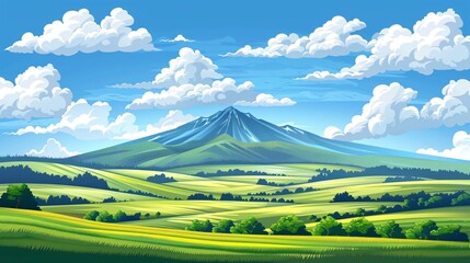 Wall Mural - 07240954 256. a vibrant cartoon vector illustration of spring green fields stretching across the lan