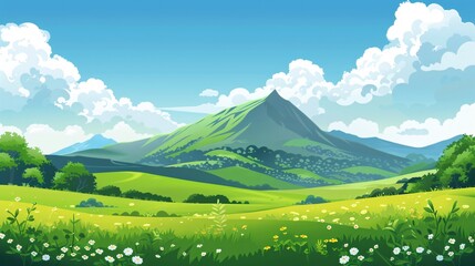 Wall Mural - 07240954 256. a vibrant cartoon vector illustration of spring green fields stretching across the lan