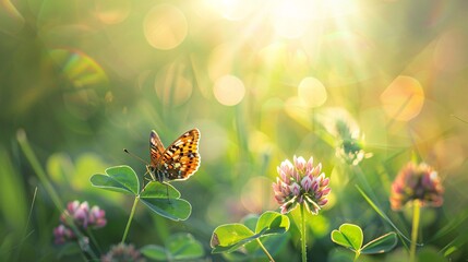 07240954 269. An artistic macro photograph of a butterfly and clover flowers in a sun-drenched meadow, with rich colors and soft focus, highlighting the intricate details and natural beauty of this