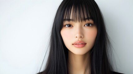 Wall Mural - Confident Asian Woman with Blunt Bangs Posing in Minimalist Studio Setting