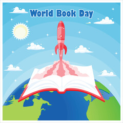 Wall Mural - Globe, book, and rocket on blue sky background. The importance of knowledge for the future. World Book Day concept. Flat vector illustration.