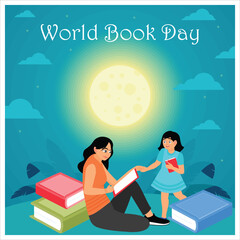 Wall Mural - Mother and daughter reading a book together. Beautiful full moon scenery background. World Book Day concept. Flat vector illustration.