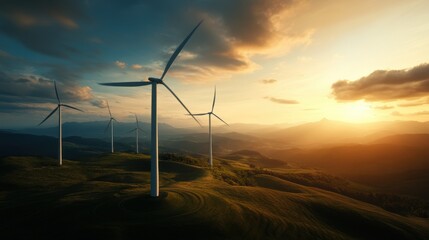 Breathtaking landscape featuring multiple wind turbines against a stunning sunset backdrop with rolling hills in the distance.