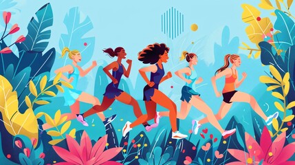 Sticker - 07240954 331. A vibrant set of vector illustrations featuring girls running in a spring park, with lush decorative leaves and herbs surrounding them, capturing the essence of summer outdoor sports,